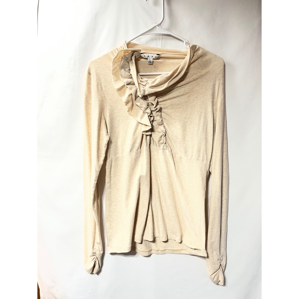 Cabi Womens Oatmeal Heather Ruffle Cowl Neck Long Sleeve Knit Top Blouse Large
